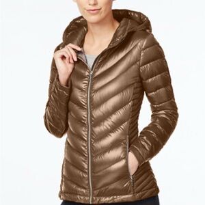 Calvin Klein Premium Duck Down Hooded Puffer Jacket. Bronze.
